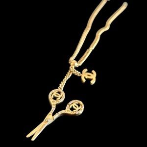 CHANEL 24K Gold Plated Necklace with Scissors and Logo